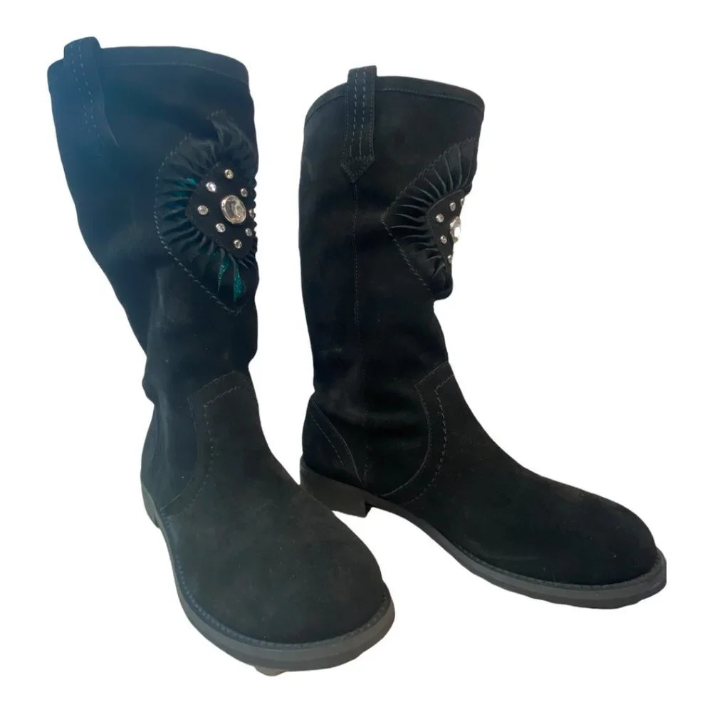 Yellow Box Black Suede with Clear Rhinestones Accents